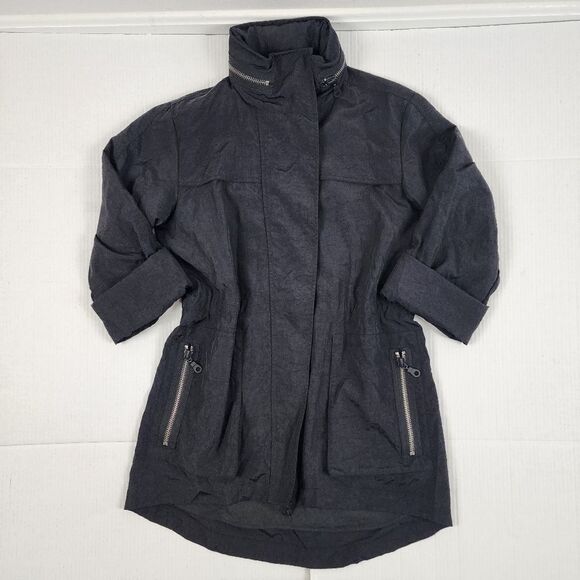 Black Hooded Trench Coat Lightweight Zip up Jacket Windbreaker Roll-tab Sleeve - Picture 2 of 16